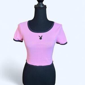 Vintage Y2K Bubblegum Pink Playboy crop top with black trim Size Medium